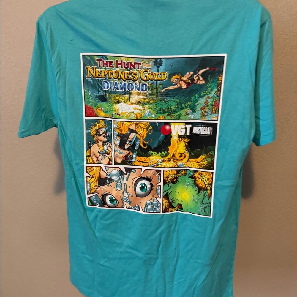 RARE VGT Hunt for Neptune Casino Slot Turquoise Graphic T-Shirt Sz L - Picture 2 of 12